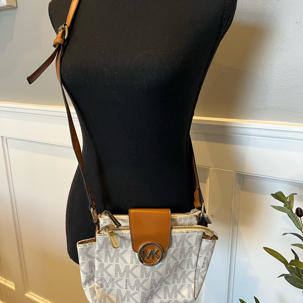 Michael Kors Tan and Cream Logo Crossbody Bag